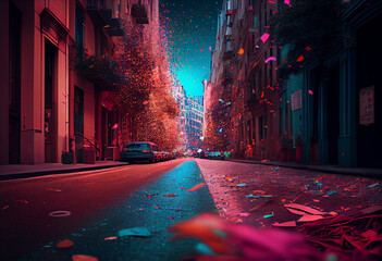 Confetti falling over a street and night background stock photo, in the style of vibrant color...