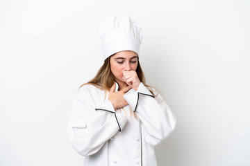 Young caucasian chef woman isolated on white background is suffering with cough and feeling bad