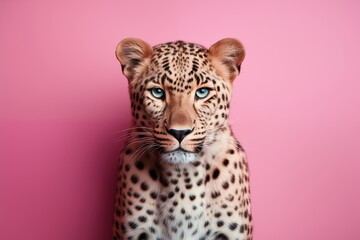 Close up portrait of a leopard on pink background. Concept of Valentines Day, Romance. For poster, billboard, card, postcard, ad