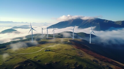Wind farm on the mountain, blue sky and white clouds