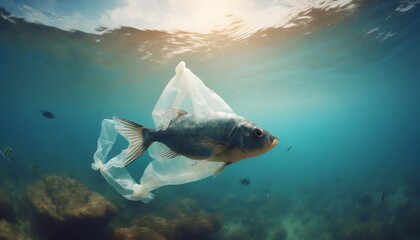 fish like a plastic bag water pollution concept ecological problems waste in the ocean rubbish in nature generated ai