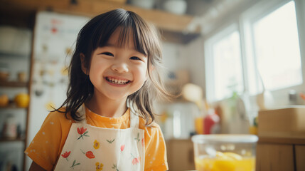 エプロンを着てキッチンに立ち笑う日本人の少女 - obrazy, fototapety, plakaty