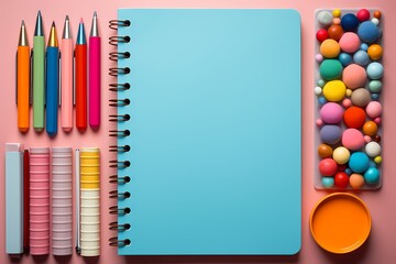 An aesthetically pleasing composition of school stationery, featuring colorful markers and notebooks, photographed in high resolution from above on a pastel solid background - obrazy, fototapety, plakaty