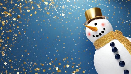 3d render curious snowman looks out the corner gold glitter confetti over the blue background christmas greeting card template with copy space seasonal holiday wallpaper blank background