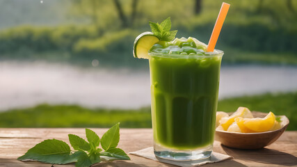 Green matcha bubble tea with ice cubes in cup against nature background. Antioxidant and dietary vegan cocktail for healthy breakfast or snack