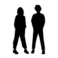 Vector silhouettes of  by and girl, a couple standing young people, black  color isolated on white background