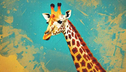 stylized pop art giraffe illustration with vibrant grunge background