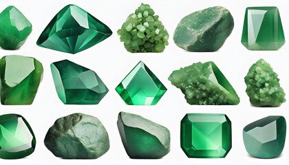 green gem stones nuggets set white background isolated close up raw emerald gemstones collection group of shiny precious rocks rough brilliant crystals natural mineral samples jewelry production - obrazy, fototapety, plakaty