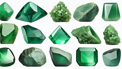 Fotobehang green gem stones nuggets set white background isolated close up raw emerald gemstones collection group of shiny precious rocks rough brilliant crystals natural mineral samples jewelry production © Richard