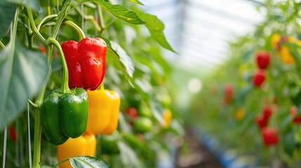 Growing sweet peppers in a greenhouse, photo with perspective. Fresh juicy red green and yellow peppers on the branches close-up. Agriculture - large crop of pepper - obrazy, fototapety, plakaty