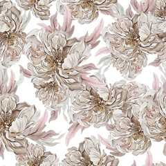 Watercolor seamless pattern with beautiful peony flowers, roses, leaves and hearts.