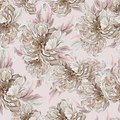 Watercolor seamless pattern with beautiful peony flowers, roses, leaves and hearts.