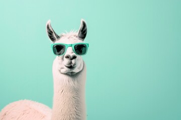 Obraz premium a llama wearing stylish sunglasses, solid pastel background, surreal and eye-catching atmosphere