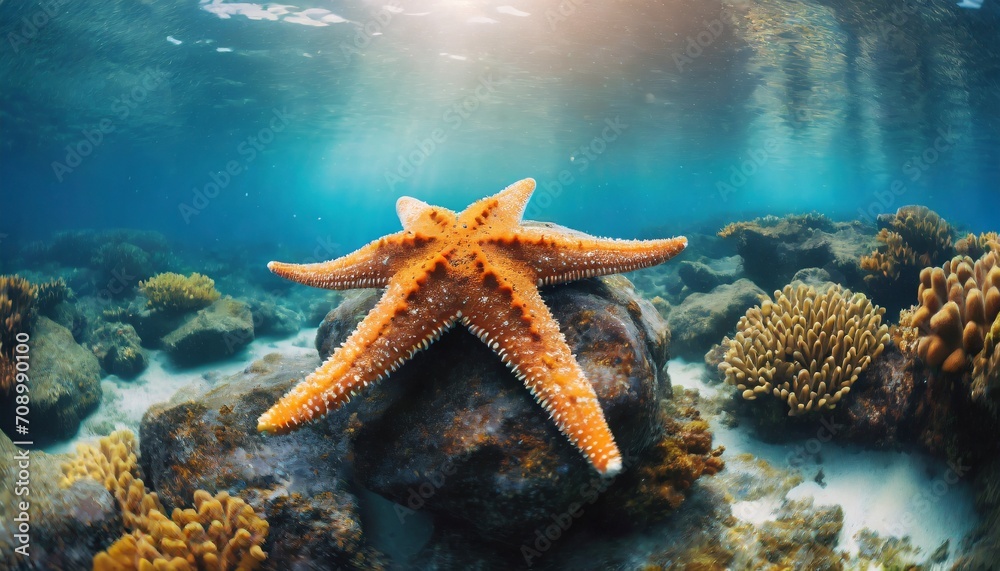 Wall mural starfish on the rocks in the water of a vibrant thriving coral reef