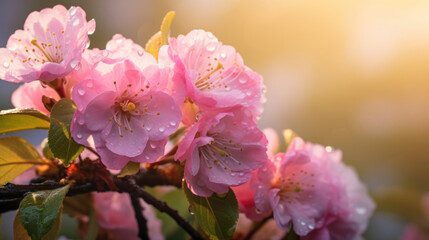 Close-up of pink cherry blossoms covered in morning dew, illuminated by the warm glow of the sunrise.