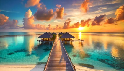 amazing aerial beach landscape beautiful maldives sunset seascape view horizon colorful sea sky clouds over water villa pier pathway tranquil drone view island lagoon tourism travel exotic vacation - obrazy, fototapety, plakaty
