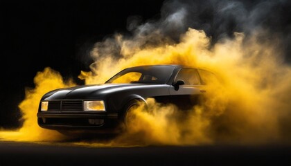 black car in an explosion of yellow smoke on a black background