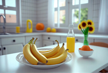 Fresh yellow bananas in a white plate on the white kitchen table.
