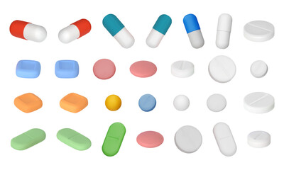 Set of different 3D vector pills. Medicines, tablets, capsules, drug of painkillers, antibiotics, vitamins. Healthcare medicines. Vector illustration in cartoon minimal style isolated on white