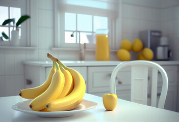 Fresh yellow bananas in a white plate on the white kitchen table.