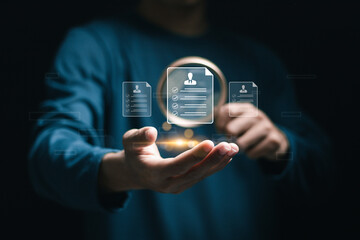 HR manager checking resume for employee recruitment. Human resource management (HR), Screening employee information and job applicants.