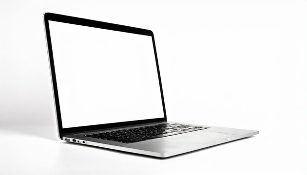 laptop with blank screen on white background isolated close up side view modern slim computer design open empty display pc mockup studio shot copy space
