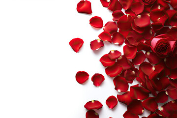 Red rose petals on a white background. Perfect for romantic-themed designs, wedding invitations, anniversary cards, Valentine's Day promotions, or any project needing a touch of elegance and romance.