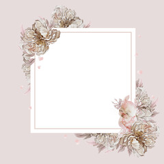 Watercolor frame with beautiful rose and peony flowers.