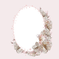 Watercolor card with beautiful peony rose flowers and bunny.