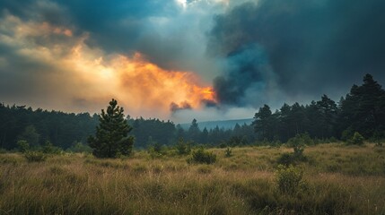 Countryside forest with cloudy sky covered by fire smoke during the evening