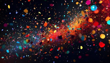 colorful confetti on dark background bright explosion on black texture with different glitters...