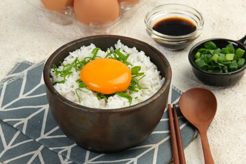 tamago kake gohan or Japanese warm rice with a raw egg