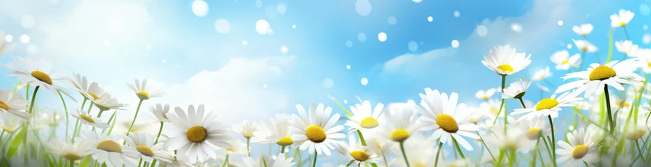 Zelfklevend Fotobehang Daisy and daisy flower flower in summer, in the style of bokeh panorama, realistic blue skies, abstract landscape, 3840x2160, light-filled   © Possibility Pages