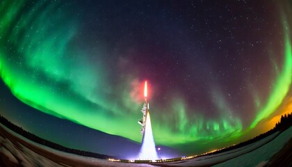 missile launch at night with aurora polaris fish eye lens the elements of this image furnished by nasa