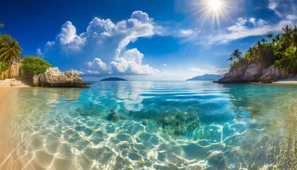 crystal clear sea water bay pristine ocean lagoon sunny cloudy sky idyllic relaxing seascape...