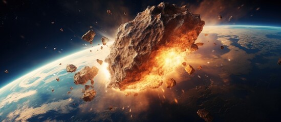 Illustration a big burning asteroid in space damage flying to earth background. Generate AI