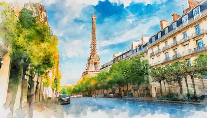 beautiful digital watercolor painting of the steets of paris france with the eiffel tower in the background - obrazy, fototapety, plakaty