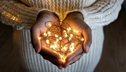 female hands holding heart shaped glowing christmas lights
