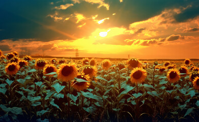 Sunflowers in the field with sun shining over them, in the style of repetitive, photo-realistic landscapes


