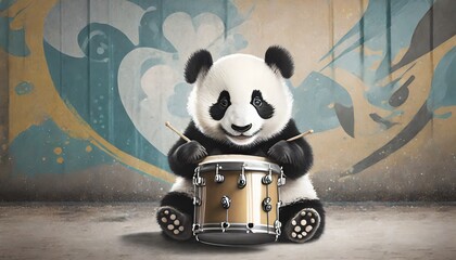 cute baby panda playing drum illustration with urban graffiti texture