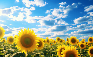 Obraz premium Sunflowers in the field with sun shining over them, in the style of repetitive, photo-realistic landscapes