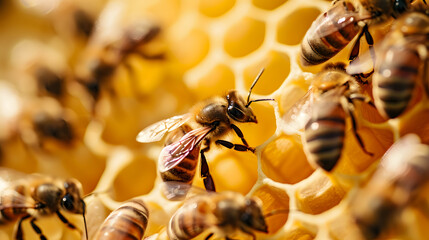 Close up of bees producing honey in a beehive