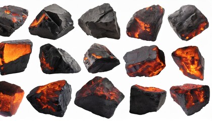 red hot coal stones set isolated white burning natural black charcoal pieces texture flaming anthracite rocks glowing coal nuggets smolder orange embers mineral fossil fuel fire mining industry - Powered by Adobe