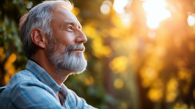 senior man smiling at sunset, radiating happiness