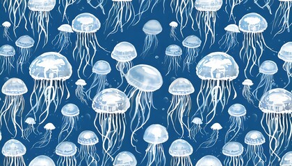 seamless marine pattern blue background with white jellyfish ocean illustration hand drawing illustration suitable for printing fabric wallpaper paper goods - Powered by Adobe