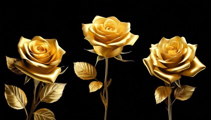 three golden rose flowers on black background isolated closeup two long stem gold roses shiny yellow metal flower bouquet decorative design element art floral pattern beautiful vintage decoration