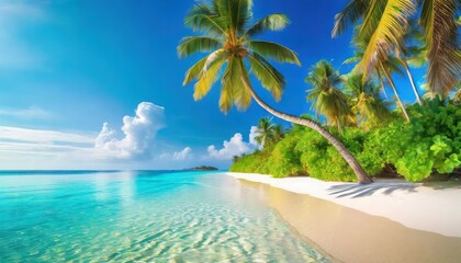 maldives island beach tropical landscape of summer paradise white sand coconut palm trees calm sea bay luxury travel vacation destination exotic beach island amazing nature inspire relaxation - obrazy, fototapety, plakaty