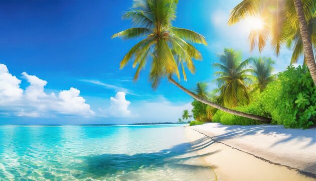 fantastic sunny panorama at maldives luxury resort seascape majestic sea waves coconut palm trees sand sunshine sky beauty paradise beach popular destination best summer vacation travel background