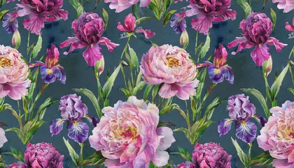 Poster lovely seamless pattern with beautiful peonies and irises floral wallpaper watercolor background with beautiful flowers hand drawn 3d illustration luxurious fabric wallpaper clothing design © Richard