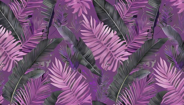 exotic wallpaper with tropical leaves palm leaves banana leaves foggy background jungle tropical forest seamless pattern purple colors hand drawn design for fabrics clothes goods
